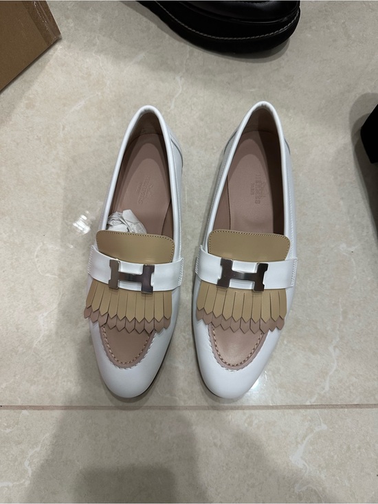 Hermes Shoes - Hermes White Leather Fringe Loafers with Beige Accents